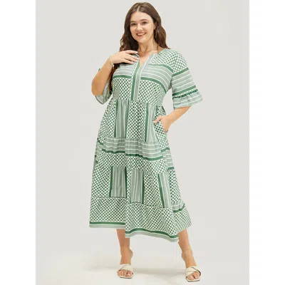 Bloomchic Women's Plus Size Striped Geometric Ruffle Sleeve Patchwork Pocket Flutter Dress Mint Dailywear Patc In Green