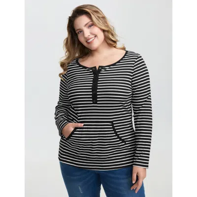 Bloomchic Women's Plus Size Striped Half-open Placket Pockets T-shirt Black Stripes Casual Extra Long Sleeve 1
