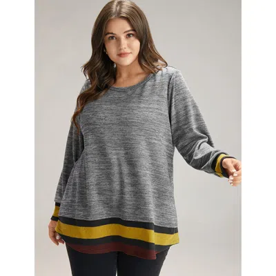 Bloomchic Women's Plus Size Striped Heather Patchwork Curved Hem Sweatshirt Gray Striped Dailywear 14-16/1x