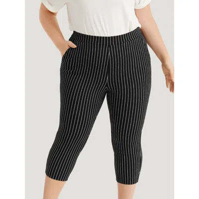 Bloomchic Women's Plus Size Striped High Rise Pocket Elastic Waist Skinny Pants Black High Rise Office 10/m
