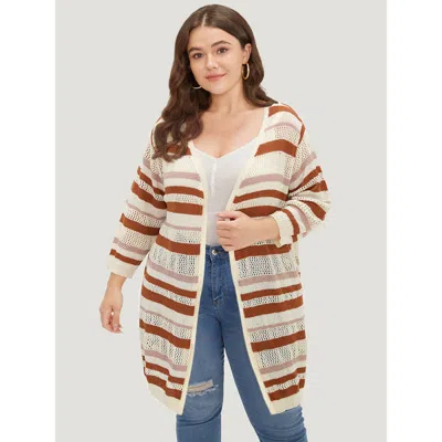 Bloomchic Women's Plus Size Striped Hollow Out Open Front Split Hem Cardigan Multicolor 3/4 Sleeve 18-20/2x