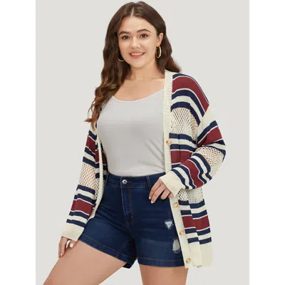 Bloomchic Women's Plus Size Striped Hollow Out Patchwork Button Detail Cardigan Beige Long Sleeve 12/l In Sand