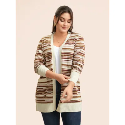Bloomchic Women's Plus Size Striped Kimono Collar Pocket Cardigan Beige Long Sleeve 12/l In Sand