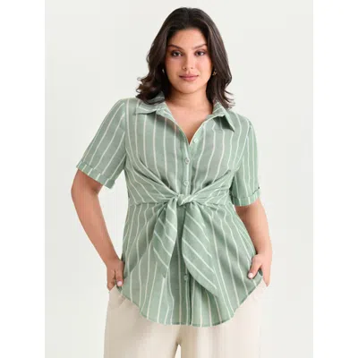 Bloomchic Women's Plus Size Striped Knotted Front Asymmetrical Hem Blouse Greenbean Stripes Office Short Sleev