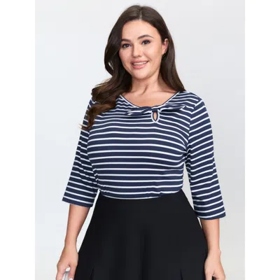 Bloomchic Women's Plus Size Striped Knotted Neck-tie Knit Top Darkblue 3/4 Sleeve Elegant 12/l In Blue