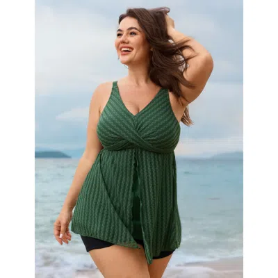 Bloomchic Women's Plus Size Striped Lace Mesh Twist-front Swim Top Moss Solid Lace Trim Adjustable Straps 14-1 In Green