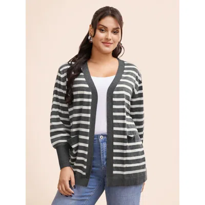 Bloomchic Women's Plus Size Striped Lantern Sleeve Patched Pocket Cardigan Dimgray Long Sleeve 18-20/2x