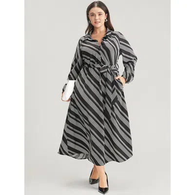 Bloomchic Women's Plus Size Striped Lantern Sleeve Pocket Belted Lapel Collar Dress Black Stripes Office Belte