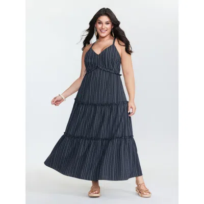 Bloomchic Women's Plus Size Striped Linen Blend Tiered Maxi Dress Indigo Stripes Maxi Vacation Ruffles 10/m In Purple
