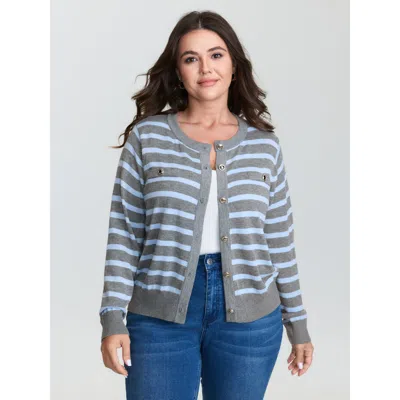 Bloomchic Women's Plus Size Striped Metallic Button Knit Cardigan Mediumgray Long Sleeve Round Neck 12/l