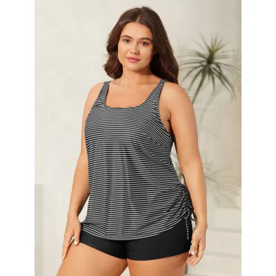 Bloomchic Women's Plus Size Striped Non-removable Cups Swim Top Black Stripes Sleeveless Ruched Bust Support 1