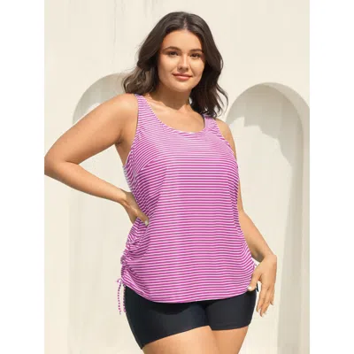 Bloomchic Women's Plus Size Striped Non-removable Cups Swim Top Blueviolet Stripes Sleeveless Ruched Bust Supp