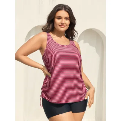 Bloomchic Women's Plus Size Striped Non-removable Cups Swim Top Burgundy Stripes Sleeveless Ruched Bust Suppor