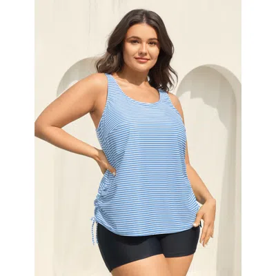 Bloomchic Women's Plus Size Striped Non-removable Cups Swim Top Lightblue Stripes Sleeveless Ruched Bust Suppo In Blue