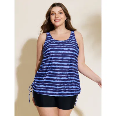 Bloomchic Women's Plus Size Striped Non-removable Cups Swim Top Mediumblue Stripes Sleeveless Ruched Bust Supp