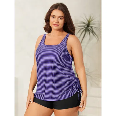 Bloomchic Women's Plus Size Striped Non-removable Cups Swim Top Navy Stripes Sleeveless Ruched Bust Support 18 In Blue