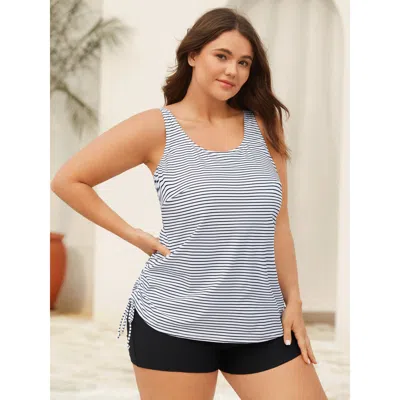 Bloomchic Women's Plus Size Striped Non-removable Cups Swim Top Opticwhite Stripes Sleeveless Ruched Bust Supp In White