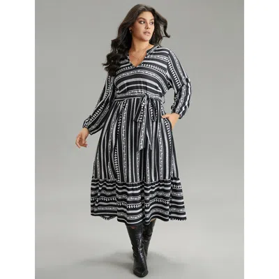 Bloomchic Women's Plus Size Striped Notched Belted Lantern Sleeve Dress Black Dailywear Elastic Cuffs 22-24/3x