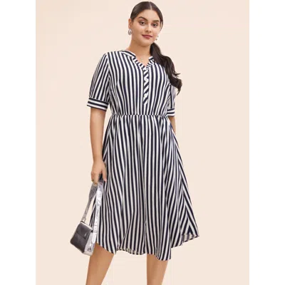 Bloomchic Women's Plus Size Striped Notched Button Detail Midi Dress Navy Stripes Midi Office Button 22-24/3x In Blue