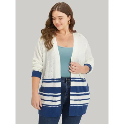 Bloomchic Women's Plus Size Striped Open Front Contrast Elastic Cuffs Cardigan Ivory Long Sleeve 22-24/3x In White