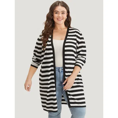 Bloomchic Women's Plus Size Striped Open Front Drop Shoulder Tunic Cardigan Black Long Sleeve 12/l