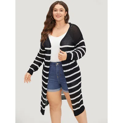 Bloomchic Women's Plus Size Striped Open Front Elastic Cuffs Drop Shoulder Cardigan Black Long Sleeve 12/l