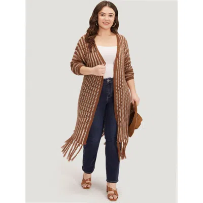 Bloomchic Women's Plus Size Striped Open Front Tassel Trim Hollow Out Cardigan Maroon Long Sleeve 12/l In Burgundy
