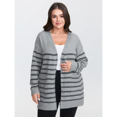 Bloomchic Women's Plus Size Striped Open-front Knit Cardigan Mediumgray Long Sleeve 26/4x