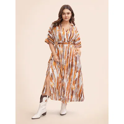Bloomchic Women's Plus Size Striped Overlap Collar Shirred Maxi Dress Amber Stripes Maxi Vacation Shirred 28/5 In Orange
