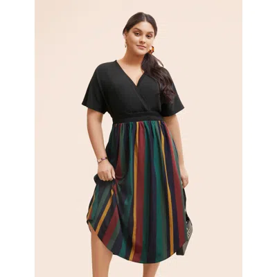 Bloomchic Women's Plus Size Striped Overlap Collar Shirred Midi Dress Black Stripes Midi Office Patchwork 22-2