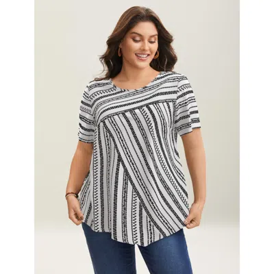 Bloomchic Women's Plus Size Striped Overlap Print Curvy Hem Blouse Originalwhite Stripes Vacation Short Sleeve