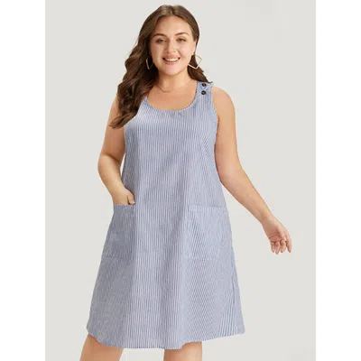 Bloomchic Women's Plus Size Striped Patched Pocket Adjustable Button Dress Lightblue Dailywear Adjustable Stra In Blue