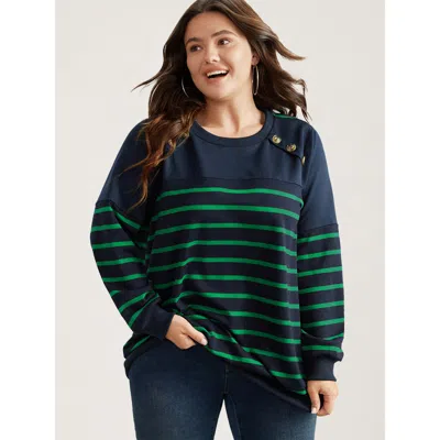 Bloomchic Women's Plus Size Striped Patchwork Button Detail Sweatshirt Blue Not Graphics Casual Round Neck 10/