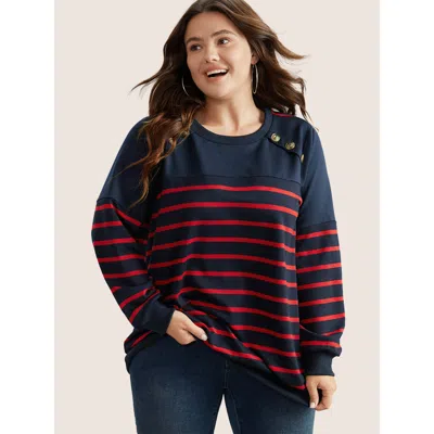 Bloomchic Women's Plus Size Striped Patchwork Button Detail Sweatshirt Midnight Not Graphics Casual Round Neck In Blue