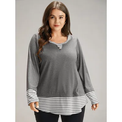 Bloomchic Women's Plus Size Striped Patchwork Button Detail T-shirt Dimgray Long Sleeve Dailywear 12/l