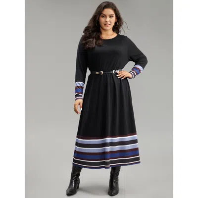 Bloomchic Women's Plus Size Striped Patchwork Contrast Crew Neck Dress Black Dailywear Colorblock 14-16/1x