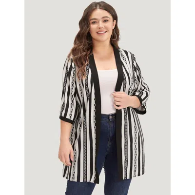 Bloomchic Women's Plus Size Striped Patchwork Contrast Open Front Kimono Black Colorblock 12/l