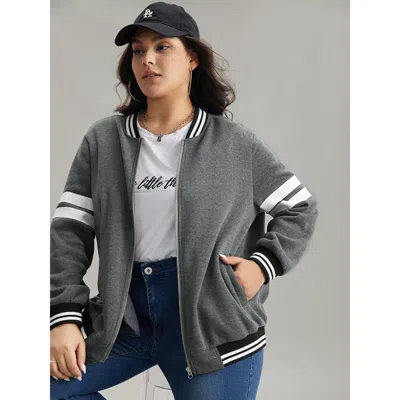 Bloomchic Women's Plus Size Striped Patchwork Contrast Pocket Zipper Bomber Jacket Dimgray Elastic Cuffs 10/m