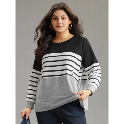 Bloomchic Women's Plus Size Striped Patchwork Contrast Slight Crew Neck Sweatshirt Black Striped Dailywear 12/