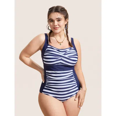 Bloomchic Women's Plus Size Striped Patchwork Crossover One Piece Swimsuit Indigo Stripes Twist Adaptive-fit 3 In Purple