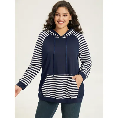 Bloomchic Women's Plus Size Striped Patchwork Drawstring Hooded Pocket Sweatshirt Indigo Striped Dailywear 14- In Purple