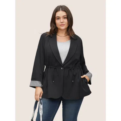 Bloomchic Women's Plus Size Striped Patchwork Drawstring Suit Collar Blazer Black Striped Non Sleeve Long Slee