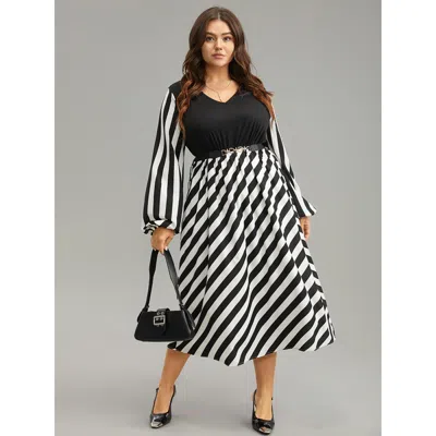Bloomchic Women's Plus Size Striped Patchwork Elastic Waist Lantern Sleeve Dress Black Office Elastic Cuffs 14