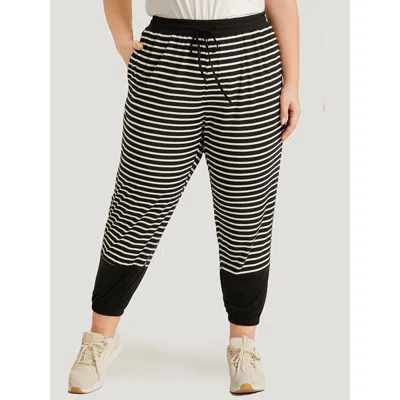 Bloomchic Women's Plus Size Striped Patchwork Elastic Waist Pocket Ties Sweatpants Black Dailywear 10/m