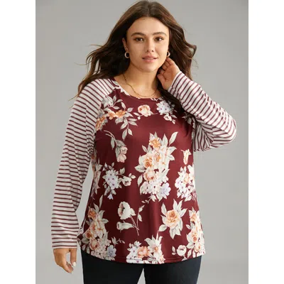 Bloomchic Women's Plus Size Striped Patchwork Floral Print T-shirt Burgundy Dailywear Long Sleeve 14-16/1x