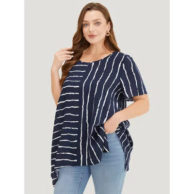 Bloomchic Women's Plus Size Striped Patchwork Hanky Hem Blouse Indigo Dailywear Short Sleeve 10/m In Purple