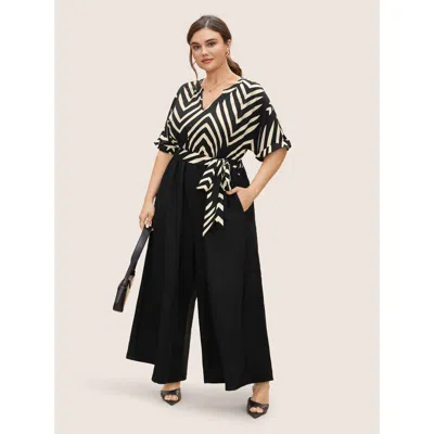 Bloomchic Women's Plus Size Striped Patchwork Knot Cuffed Sleeve Jumpsuit Black Office 30/6x
