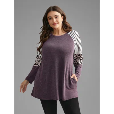 Bloomchic Women's Plus Size Striped Patchwork Leopard Pocket T-shirt Eggplant Geometric Everyday Extra Long Sl In Purple