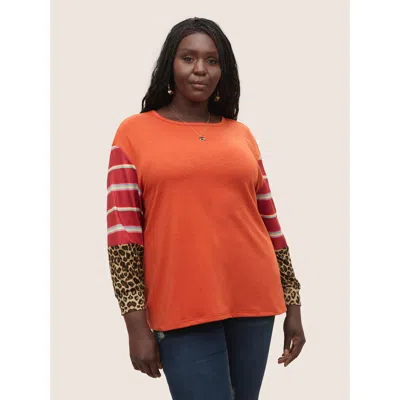 Bloomchic Women's Plus Size Striped Patchwork Leopard Round Neck Sweatshirt Orangered Leopard Vacation 14-16/1