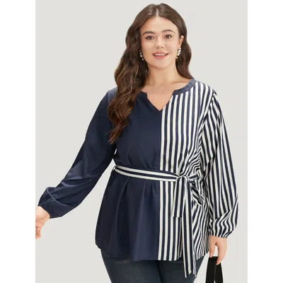 Bloomchic Women's Plus Size Striped Patchwork Notched Belted Lantern Sleeve Blouse Indigo Office Long Sleeve 2 In Purple